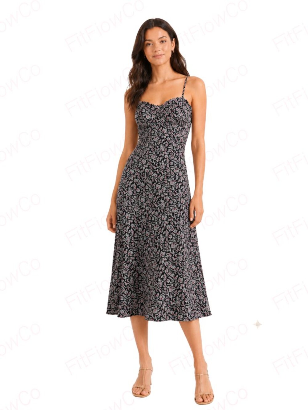 Joie Black Floral Smocked Sweetheart Midi Dress Size 6 Adjustable Straps